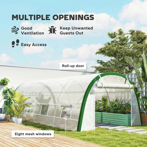 White greenhouse tunnel with green frame, roll-up door and mesh window panels