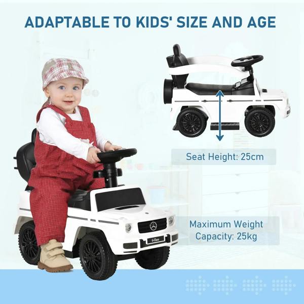 White kids ride-on push car for toddlers with black seat and steering wheel, adjustable height