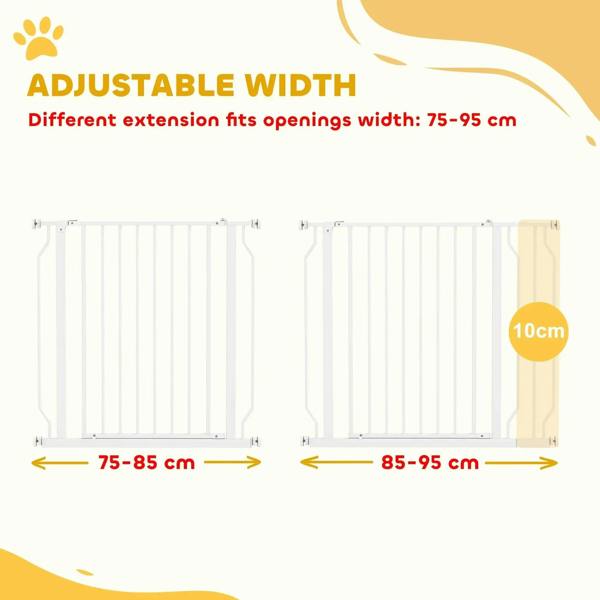 White pet safety gate with adjustable width extensions for different doorway sizes