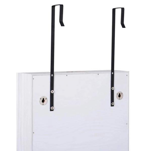 White lockable jewelry cabinet back panel with hinges and keyhole lock plates.