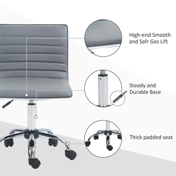 Light grey armless task chair with thick padded seat and smooth chrome pedestal base