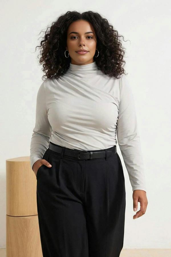 WOVCOR Gathered Detail Long Sleeve Knitted Plus Size Blouse