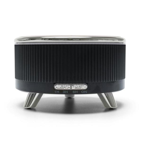 The Rio SONAS Aroma Diffuser, Humidifier & Night-Light is a black and silver cylindrical device with ribbed sides, metal legs, and labeled buttons for 1hr, 3hr, 6hr, and on/off—ideal for humidifying air or diffusing aromatherapy oils.