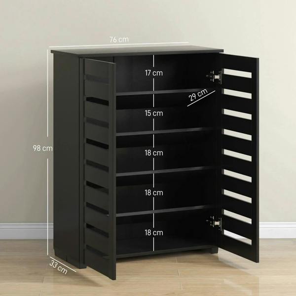 Black narrow shoe cabinet with 5-tier interior shelves, doors open on the right