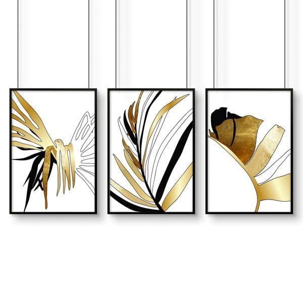 Bathroom wall art uk | set of 3 Tropical Gold wall art