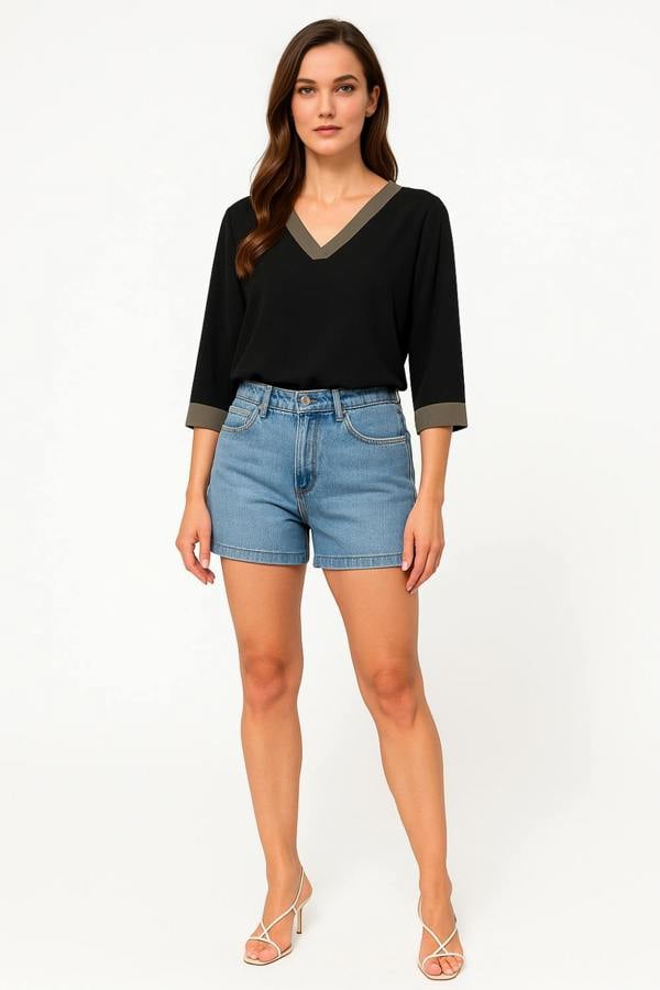 Hoxton Gal Oversized Top With Khaki Tape Collared Details In Black