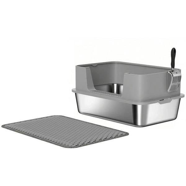 Grey stainless steel high-sided cat litter tray with textured litter mat