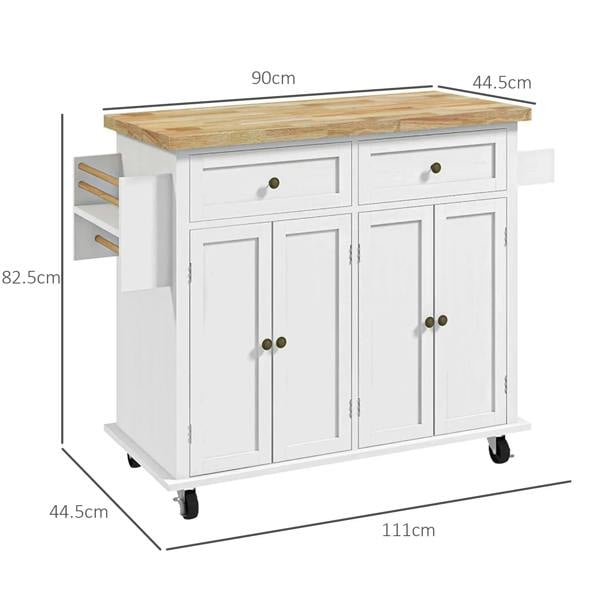 White kitchen storage trolley with rubber wood top, drawers, and cabinet doors on casters