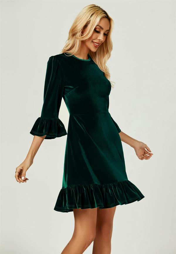 FS Collection Velvet Frill Detail Mini Dress In Green