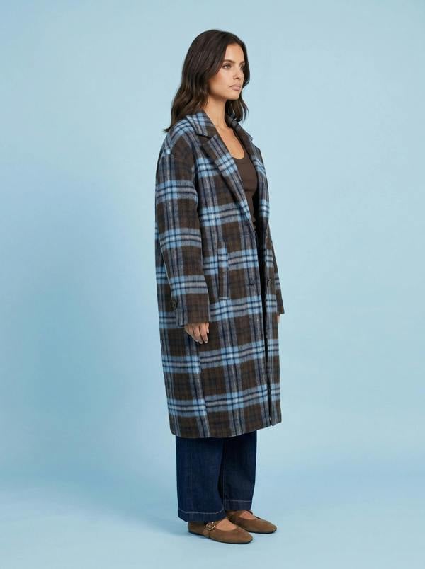 Urban Bliss Check Collared Longline Coat Blue Pattern