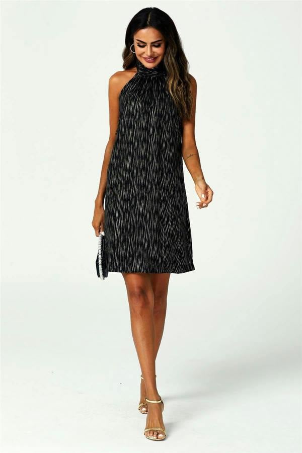 FS Collection Gold Foil Halter Neck Tie Back Mini Dress In Black