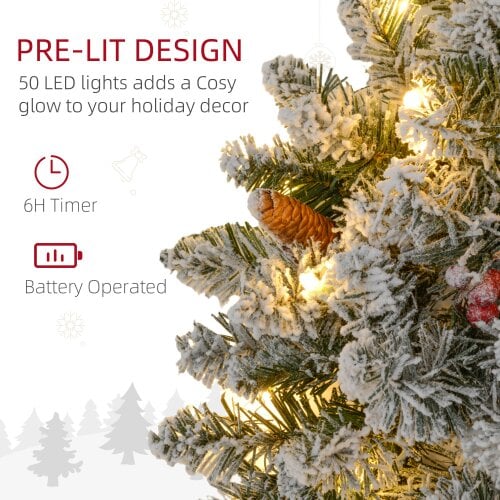 HOMCOM 60cm Flocked Christmas Wreath with Lights Pine Cones Berries Green