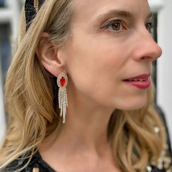 red earrings, diamante earrings, statement earrings for wedding guest, sparkly red drop earrings, glamorous jewellery for special occasions, crystal earrings for evening wear
