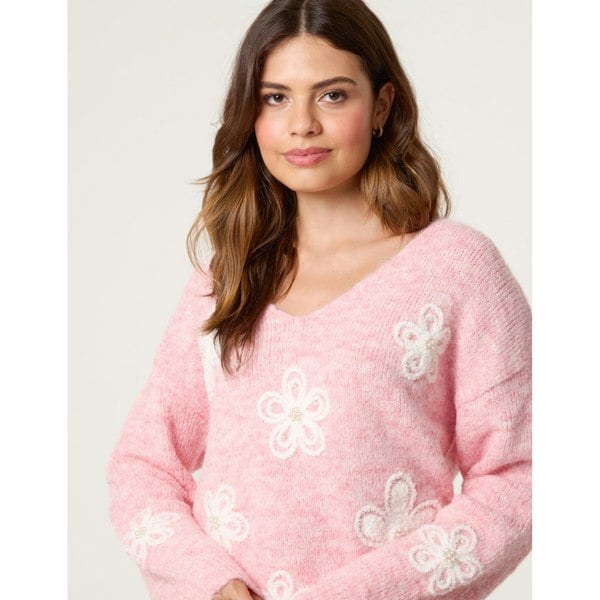 Blue Vanilla V Neck Flower And Pearl Jumper - Pink