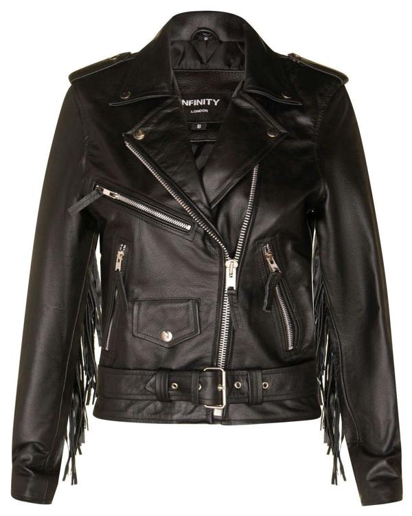 Infinity Leather Women's Black FRINGE Leather Brando TASSELED Motorcycle Cow Hide Biker Jacket