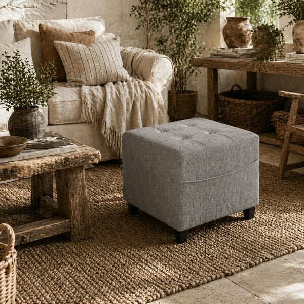 Wyld Haus Linen Light Grey Compact Square Footstool With Side Pocket And Black Wooden Legs