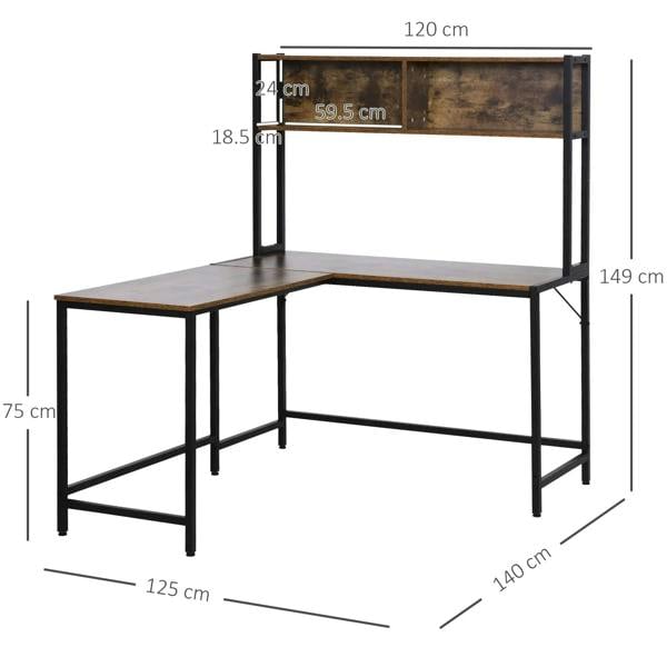 L-shaped corner desk with brown wood top, steel frame, and integrated bookshelf