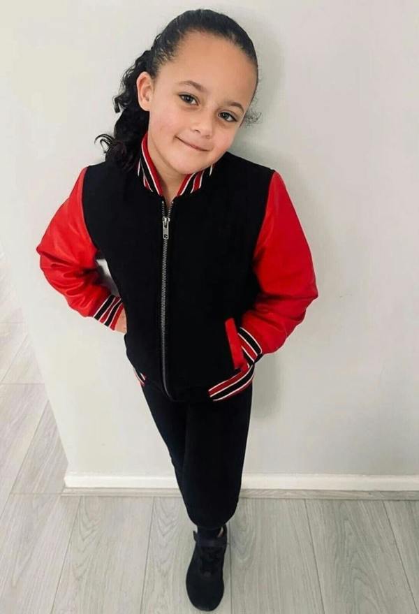 Infinity Leather Kids Varsity Black & Red Bomber Jacket with Real Leather Sleeves 3-13 yrs