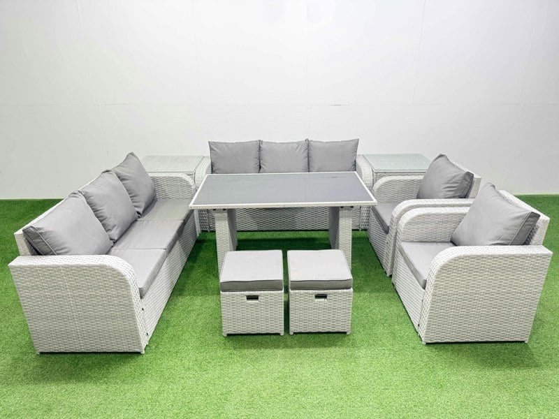 Fimous 10 Seater Wicker PE Rattan Furniture Outdoor Dining Table 3 Seater Sofa Reclining Chair Set with 2 Side Tables 2 Small Stools Light Grey