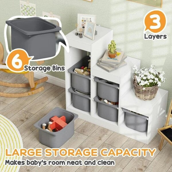 Bobobiy Toy Storage Organiser, Three-Layer Kids Toy Storage Units, with Removable Bins, for Ages 3-8 Years, Grey