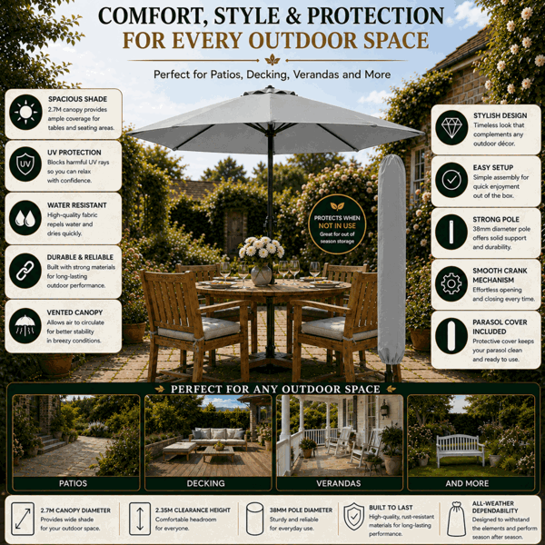 GlamHaus Garden Parasol Table Umbrella 2.7M with Crank Handle, UV40 Protection, Free Protection Cover, Robust Steel - Light Grey