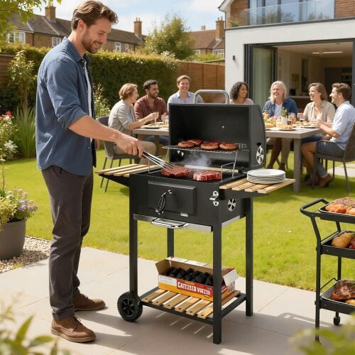 Bobobiy Charcoal BBQ Grill with Height Adjustable Charcoal Pan, Barbecue Smoker with Warming Rack, 3 Shelves, Bottle Opener Cooking Garden Party