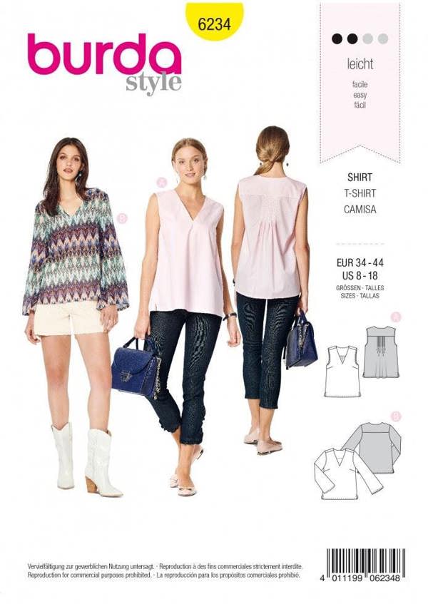 Burda Sewing Pattern 6234 Tops For Women, Sizes 8-18 - Easy
