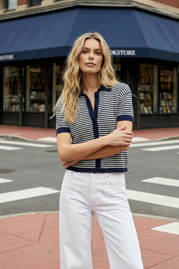 WOVCOR Striped Polo Neck Knit Mid-Length Blouse