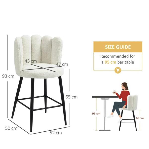 Cream boucle bar stool dimension diagram with curved seat back and black steel footrest
