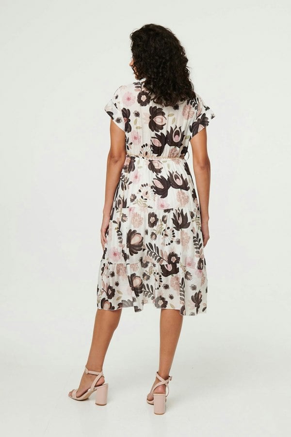 Black | Floral Cap Sleeve Belted Wrap Midi Dress
