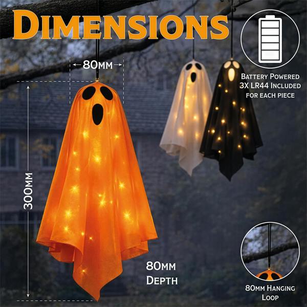Fxlab Set of 3 Warm White LED Ghost Lights 8x8x30cm Indoor Decoration with Batteries Included Orange White Black