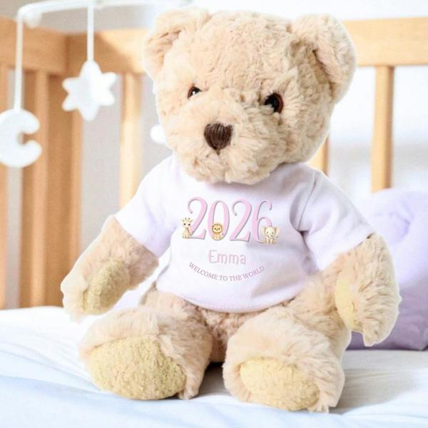 Personalised Pink Safari Animals Welcome to the World Baby Gift Box - Teddy & Vest