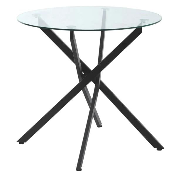 Round clear glass dining table with black crossed metal legs and X-frame base
