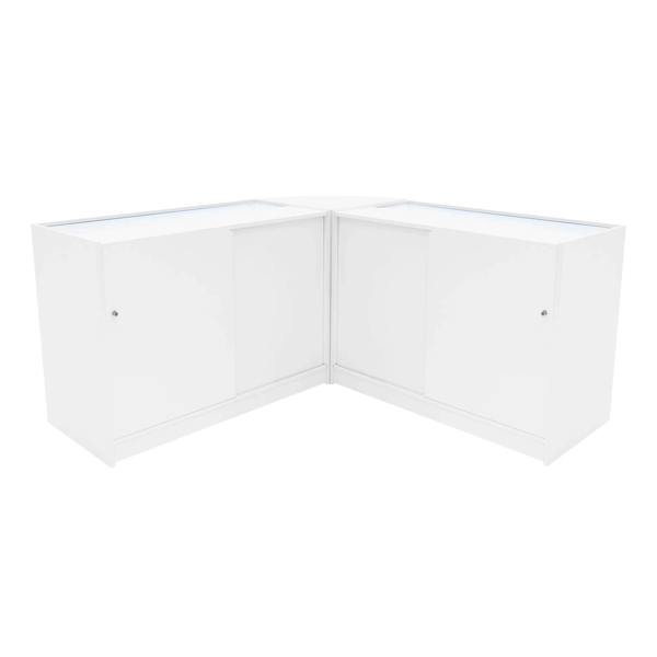 White Selene LED shop counter set featuring a sleek, modern design with two C1200 display units and smooth surfaces