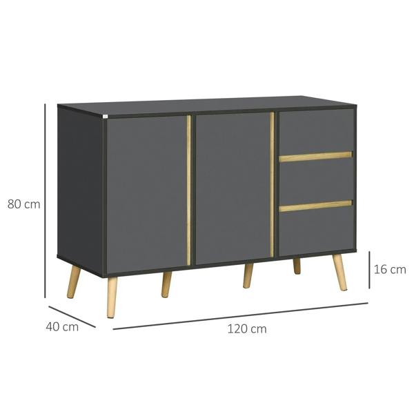 Dark grey sideboard with double doors, three drawers, and gold-trimmed shelf panels