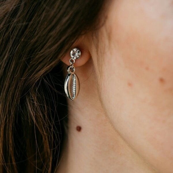 The Colourful Aura Silver Cowrie Charm Beach Sea Shell Zircon Handmade Dangle Drop Studs Earrings