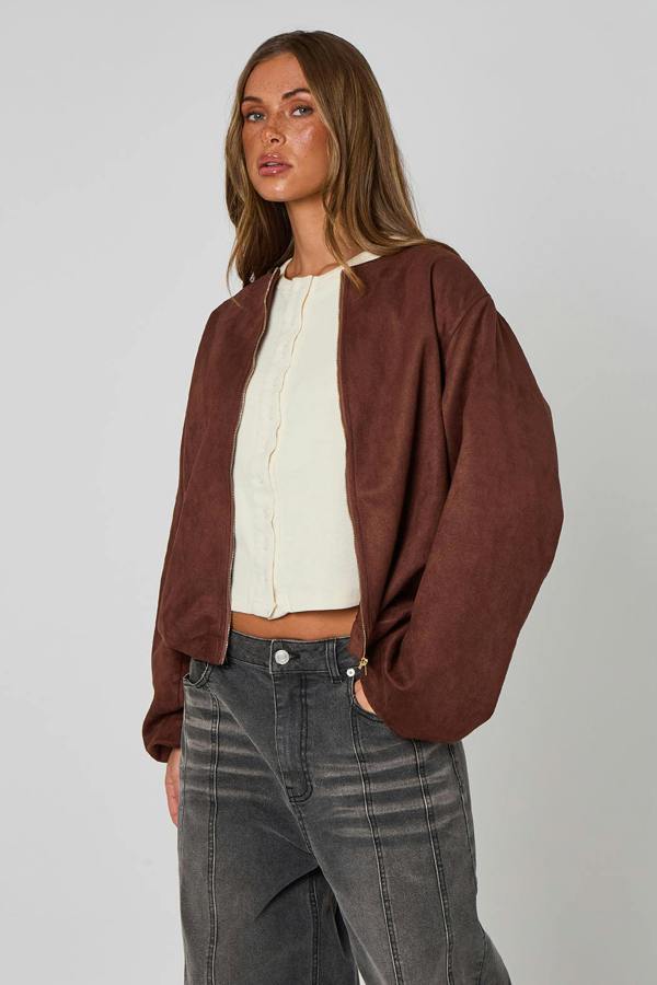 Urban Bliss Chocolate Faux Suede Bubble Hem Jacket