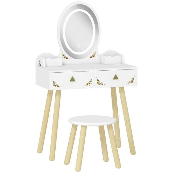 White kids vanity table set with round light-up mirror, drawer, and matching stool