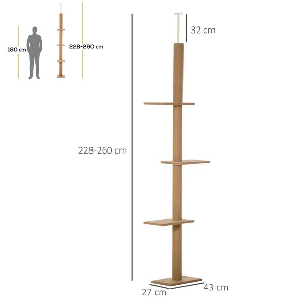Brown adjustable cat tree measuring diagram showing height and platform dimensions