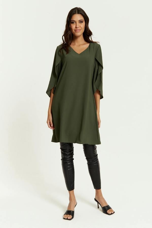Hoxton Gal Oversized V Neck Detailed Satin Tunic with Split Sleeves in Khaki