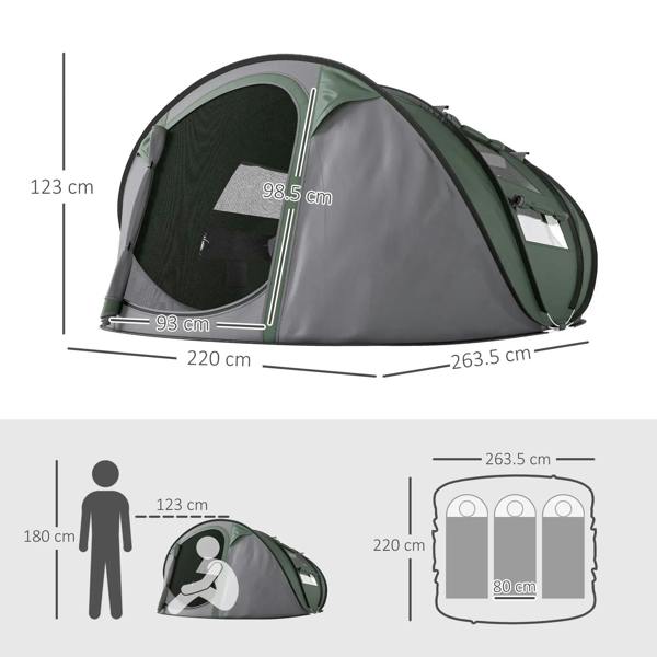 4-person pop-up camping tent size diagram with height and floor measurements shown