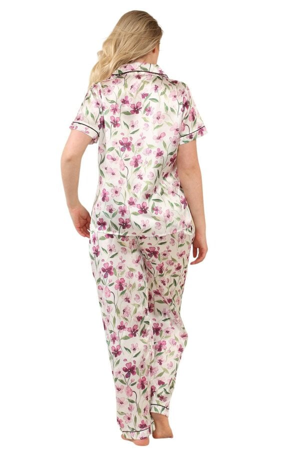 Luxury Floral Satin Pajama Set for Women - Short Sleeve Button-Up Top and Long Pants With pockets