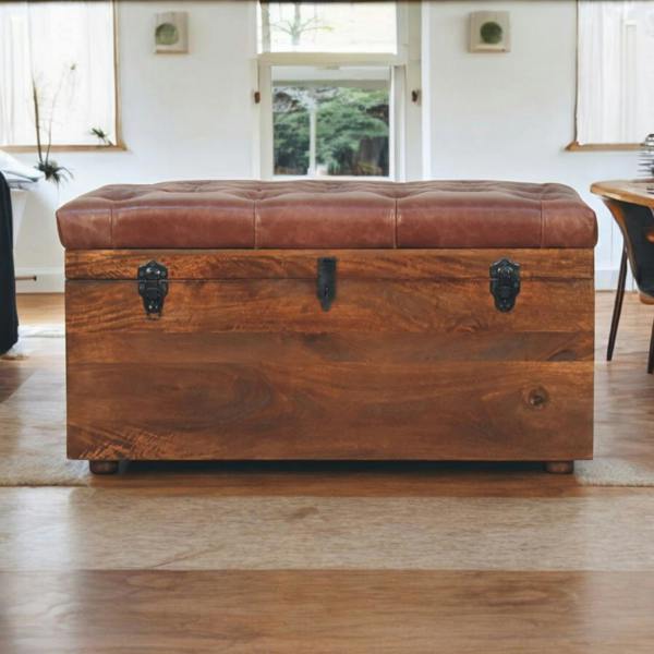Artisan Furniture Solid Wood Brown Buffalo hide leather Storage Trunk