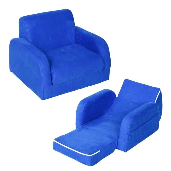 Blue kids armchair sofa bed with padded seat, backrest, and white piping