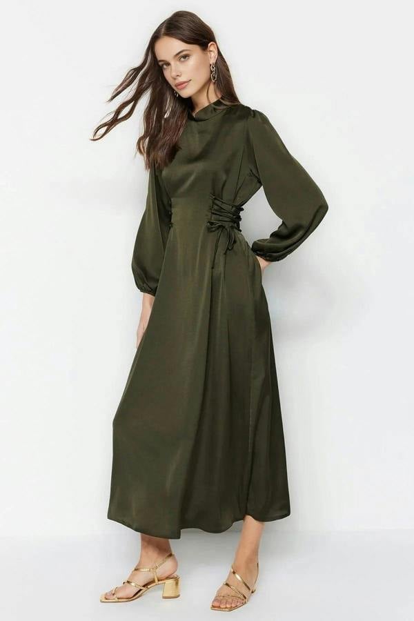 WOVCOR Belted Satin Evening Dress