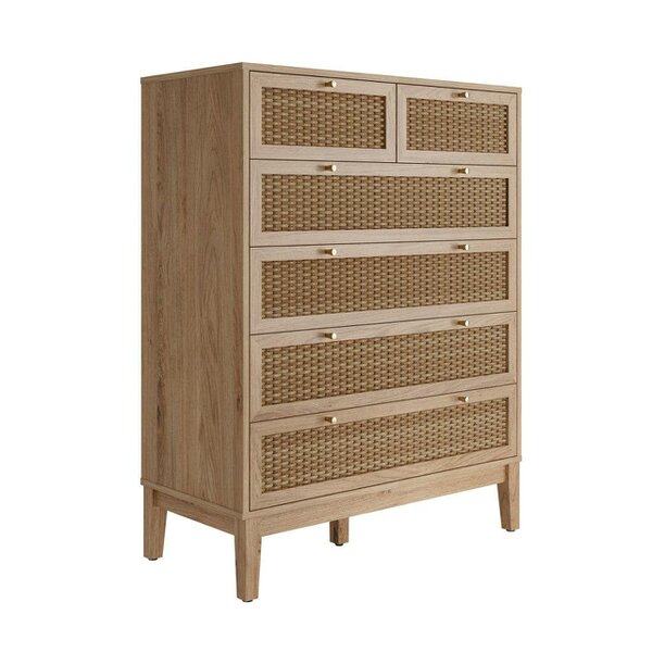 Wyld Haus Waterford Oak and Rattan Chest Of 6 Drawers
