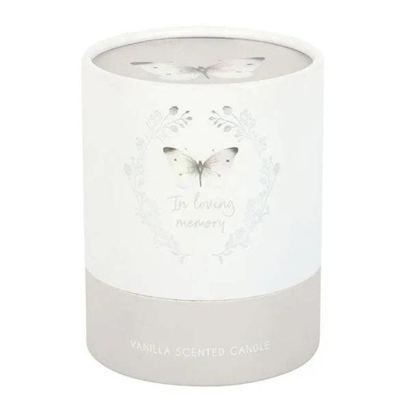 White vanilla-scented candle jar with butterfly wreath and 'In loving memory' text