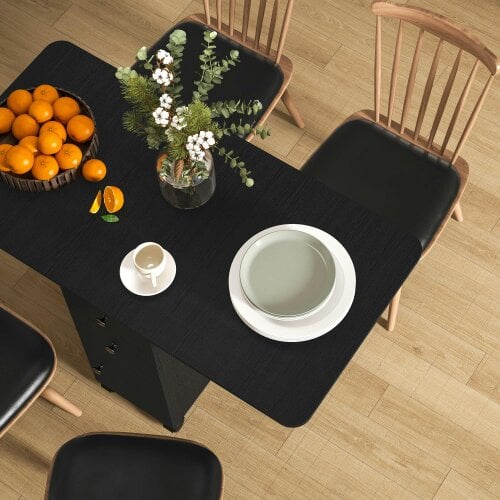 Wyld Haus Midile Wooden Distressed Black Drop Leaf Dining Table With Storage Seating 6