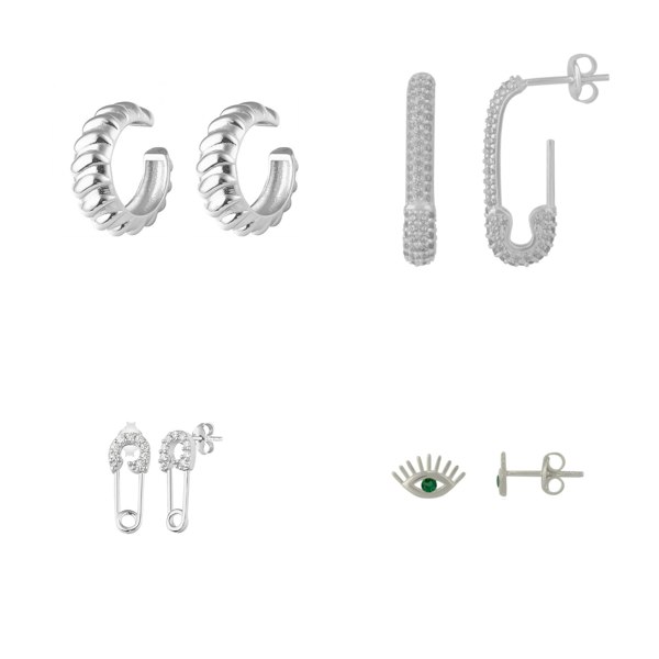 Spero London Sterling Silver Safety Pin Stud Croissant Ear Cuff and Emerald Evil Eye Earrings Set