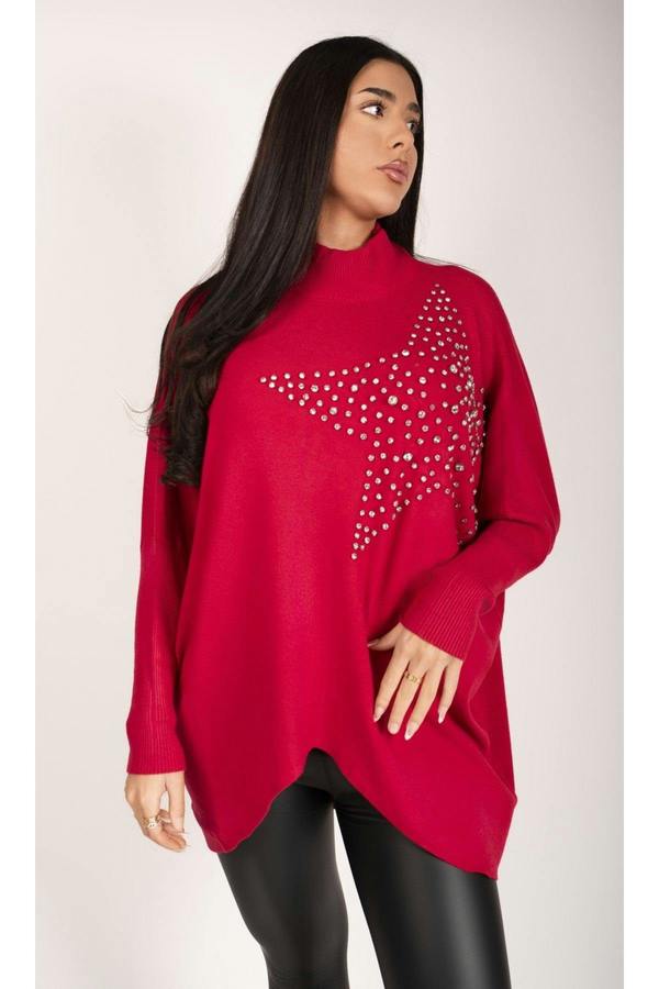 Jaira Oversized Knitted Jumper With Studded Star Detail - Red